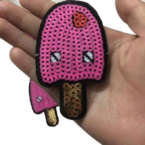 20 Pieces/lot New Arrival Pink Ice Cream Patches Iron on Sequined Patches DIY Sewing Accessory Cartoon Popsicle Applique Sticker