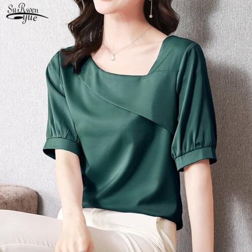 2021 Summer Short Sleeve Silk Women Blouse and Tops Office Lady Skew Collar Satin Women Shirts Plus Size Female Clothing 13906