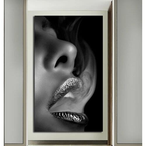 Abstract Black and White Lip Canvas Painting Women Portrait Posters and Prints Wall Art Pictures for Living Room Home Decoration