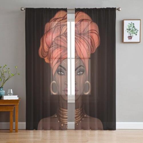 African Woman Headscarf Girl Earrings Curtains For Living Room Bedroom Transparent Tulle Curtains Window Drapes Sheer Curtain