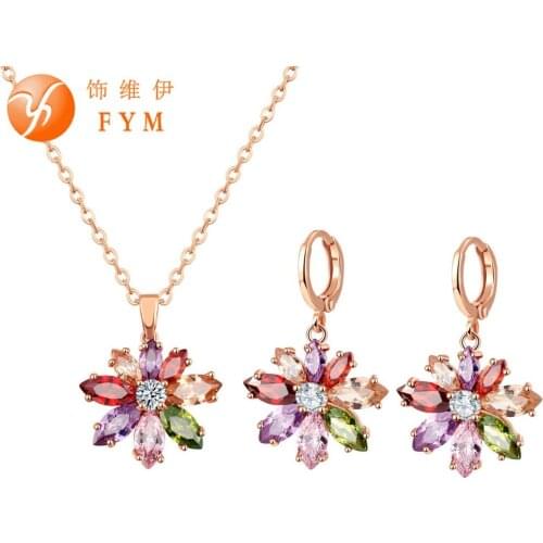 New Multicolor Flower CZ Wedding Jewelry Set for Women Rose Gold Color Link Chain Slide Pendant Earrings Necklace Jewelry Sets