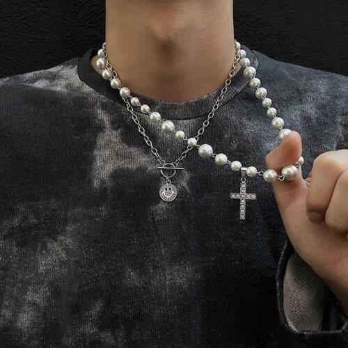 Hip Hop Smile Chain Necklace Men Gothic Imiation Pearl Crystal Cross Pendant Choker Necklace for Women Unisex Charm Neck Jewelry