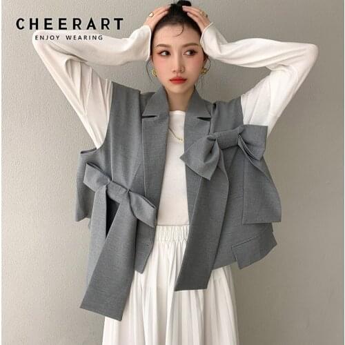 CHEERART Designer 2021 Fashion Women Gilet Grey Vest Bow Sleeveless Blazer Coat Loose Crop Jacket Single Button Waist Coat