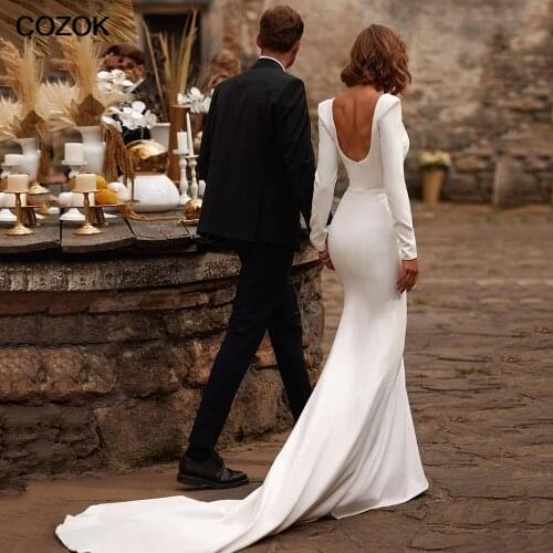 Elegant Mermaid Wedding Dresses 2021 Square Neckline Long Sleeves Satin Bridal Dress U-Shape Backless Brides Dress