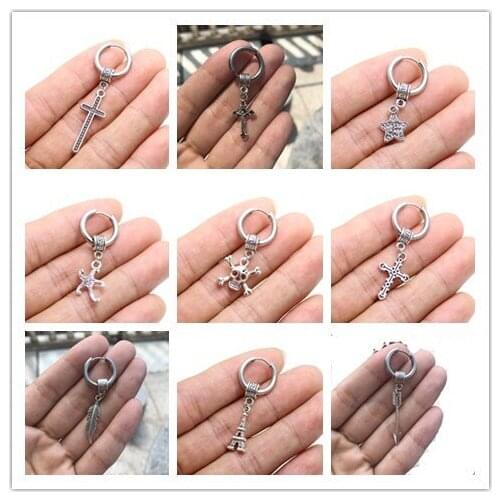 Gothic Korean Earrings Punk Rock Stainless Steel Allergy Circle Round Cross Star Arrow Skull Earings For Men Women