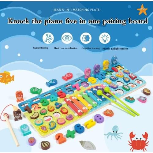 Knock The Piano Five In One Matching Board Childrens Fruit Animal Cognition Fishing Logarithmic Puzzle Education Wooden Toys