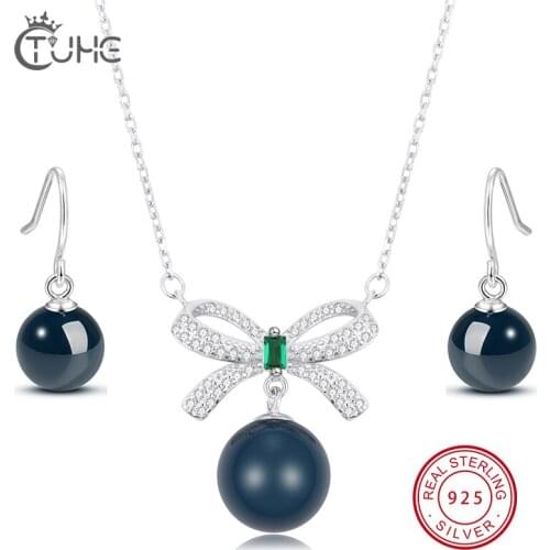 Exquisite Real 925 Sterling Silver Bow-knot Round Ceramic Jewelry Set For Women Elegant Necklace Earring Fashion Design Gifts