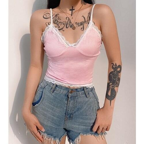 Pink Lace Edge Cute Tank Top Women Korean Fashion Boho Beachwear V Neck Sexy Plaid Bralette Crop Top Summer Harajuku