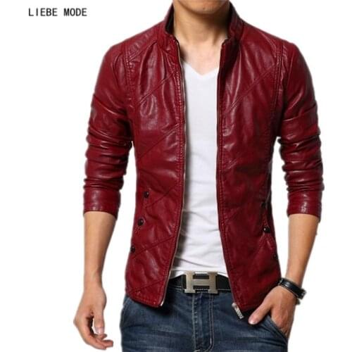 Male Plus Size Black Red Faux Leather Jackets Brown Mens Stand Collar Slim Fit Pu Leather Motorcycle Biker Jacket for Men 6XL
