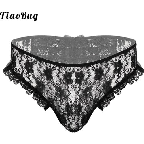 TiaoBug Mens Sissy Sheer Floral Lace Lingerie Low Rise With Elastic Waistband Crotchless G-String Briefs Underwear