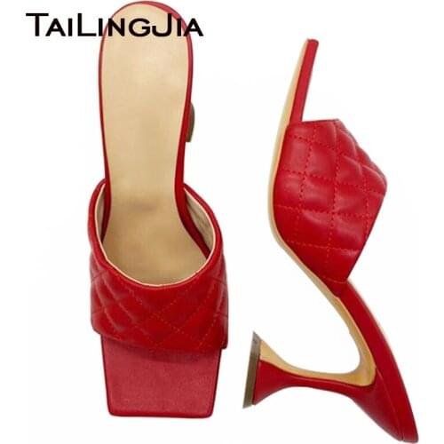 Women Square toe High Heel Summer Sandals Mules Ladies Elegant PU Leather Hoof Heels Slippers Large Size Party Slides Shoes 2020