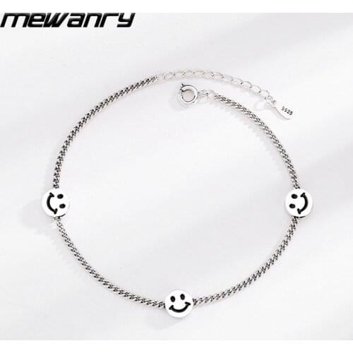 MEWANRY 925 Sterling Silver Bracelets New INS Fashion Punk Hip Hop Vintage Couple Simple Hollow Smiley Face Design Party Jewelry