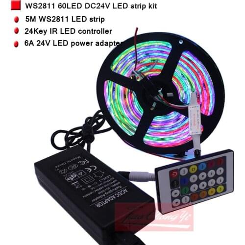New Hot WS2811 DC24V 60LED/M RGB Dream full color LED strip +24V 6A LED power with 24key RGB IR LED controller set