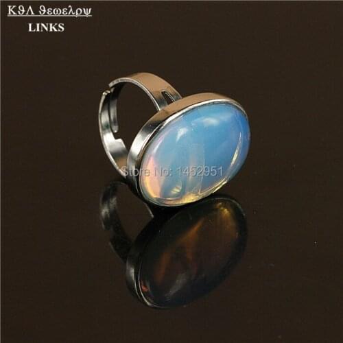 Oval Shape Smooth Opal / Moonbeam Gem Stone Beads Ring, Silver Plated Adjustable Finger Ring