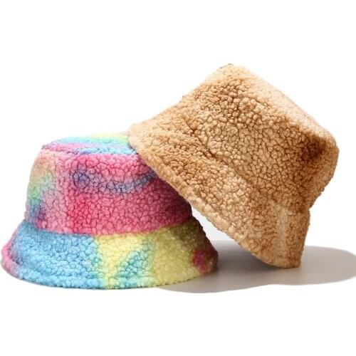 Ins Tie Dye Lambswool Womens Winter Bucket Hats Bob Thick Warm Lady Girls Fashion Panama Outdoor Travel Fisherman Hat Basin Cap