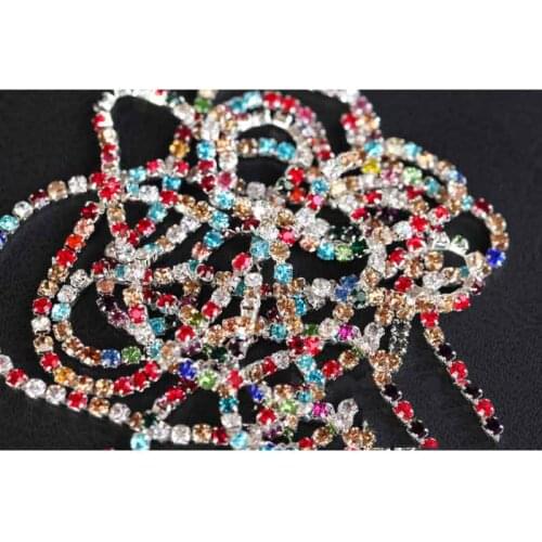 Prajna 2mm AB 1yard Colorful Rhinestone Chain Trim Wedding Dress Silver Flat Back DIY Rhinestone Decorations Applique Sticker F