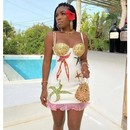 Luxury White Sexy Spaghetti Straps Sequimed Shinny Mini Bandage Dress Women Bodycon Runway Fashion Elegant Party Dress Vintage