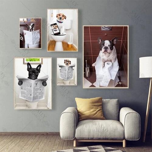 Modern Nordic Style Toilet Dog Newspaper Animals Poster Funny Cartoon Picture Kids Room Bathroom Decor Art Decor Canvas Painting