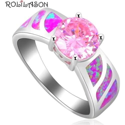 Top Quality Round Shining Zircon Pink Fire Opal silver color Stamped Pink CrystalJewelry Rings USA Sz #6#7#8#9#10 OR818