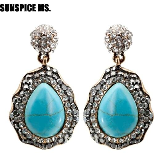 New Bohemia Vintage Dangle Earrings For Women Natural Stone Full Crystal Ethnic Wedding Water Drop Earrings Turkish Brand Design