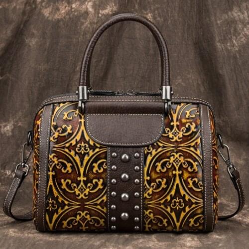 Retro Fashion Contracted Chinese Style Large Capacity Cowhide Womens Handbags Multi-Function Retro Ladies Shoulder Bags