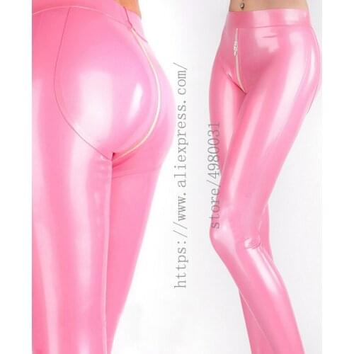 3D cutting design metallic pink latex stretch pants womens slim latex leggings with crotch zip decorations