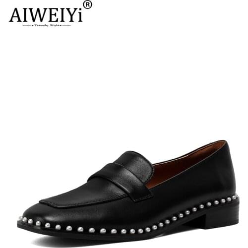 AIWEIYi Womens Shoes Spring Pearl Fashion Loafers British Style Sheep Leather Shoes Comfortable Single Shoes Woman