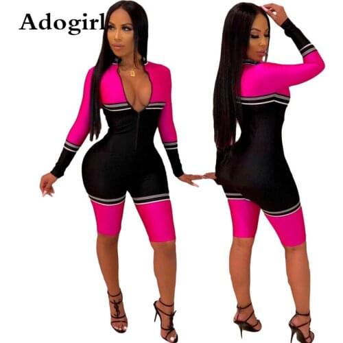 Adogril Color Parchwork Bodycon Playsuit Womens Fashion Casual Slim Stitching Long-sleev Zipper Deep V Neck Jumpsuit Plus Size