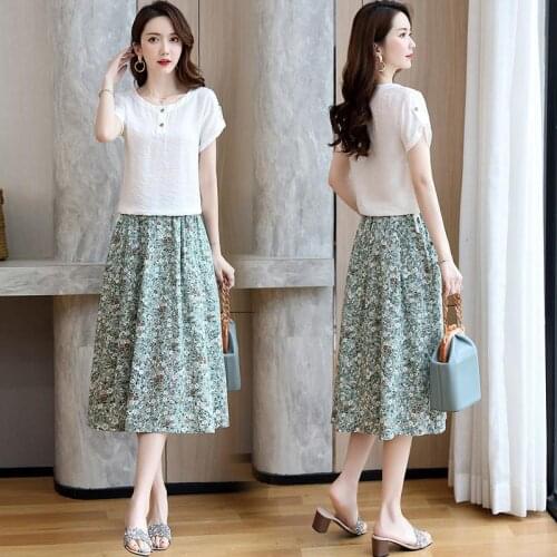 Summer T Shirt Two-piece Set Short Sleeve Tees + High Waist Floral Print Skirt Sets Fashion Cotton Linen Casual Women Suit X54