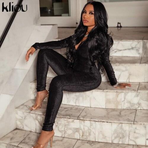 Kliou Solid Casual Jumpsuit Women Hipster Flocking Zipper Sexy Sheath Cleavage Biker Style Long Sleeve V-Neck Female Streetwear