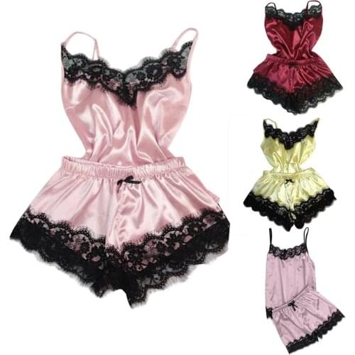 Womens Sexy Imitated Faux Silk Pajamas Set Deep V-Neck Solid Color Camisole Sleepwear Eyelash Floral Lace Trim Wide Leg Shorts