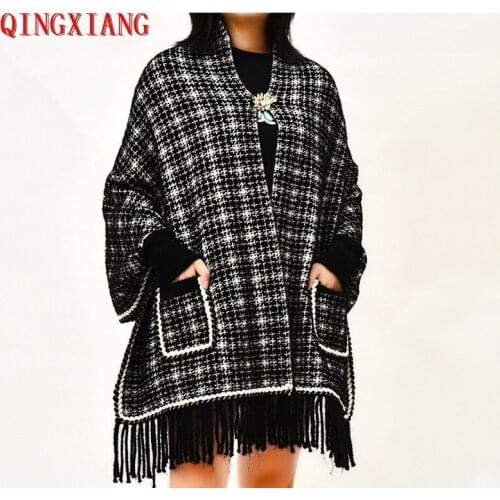 2020 New Style Black White England Winter Imitation Mink Knitted Plaid Poncho Women Female Batwing Sleeves Wrap Tassel Cardigan