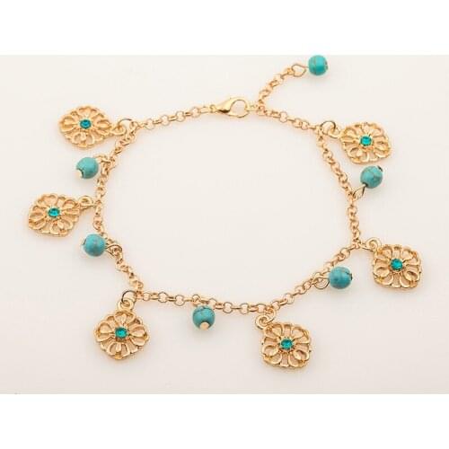 12 Pieces/Lot Double Chains Bracelets Hollow Flower Charm Statement Bangles Blue Beads Stone Link Chains Women Hand Adjustable