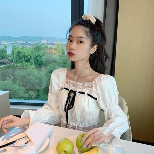 Blouse Women Retro Short Lace Stitching Long-Sleeved Shirt Womens Spring Autumn Blusas Mujer De Moda