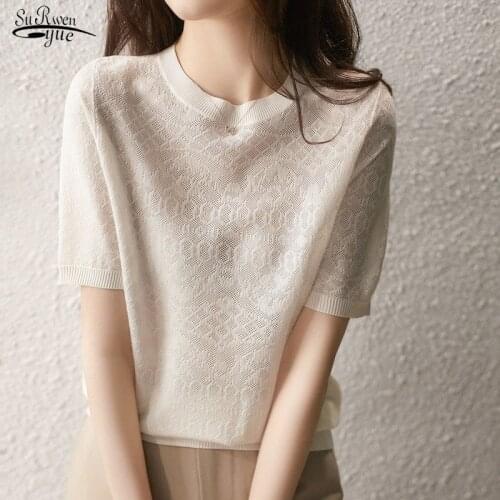 Spring and Summer New Thin Bottoming Streetwear Womens Clothing Perspective Ice Silk Knitted Blouse Top White Shirt Blusas 14798