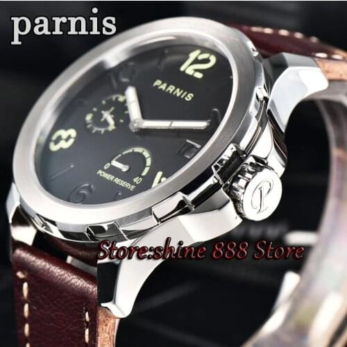 Men Mechanical Watch Parnis 44mm Power Reserved Steel Silver Case Purse Leahter Sapphire Luminous Date Automatic Self Wind Watch