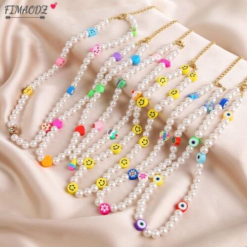 FIMAODZ Cute Pearl Necklace Choker Colorful Animal Daisy Flower Heart Face Korean Fashion Necklace for Women Girls Party Jewelry