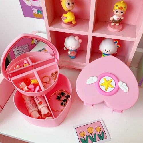 Cute pink Jewelry Box Two-layer Storage Box Cartoon For Women Earring Ring Cosmetic Organizer Casket For Decorations