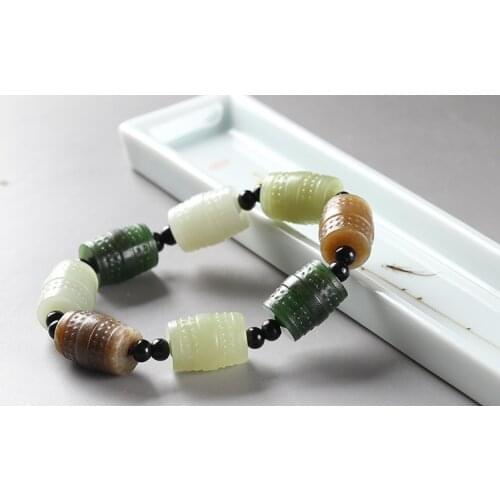 Natural Hetian Jade Multi-Treasure String Bracelet Vintage Barrel Beads Jasper Sugar Jade White Jade Yellow Mouth Bracelet