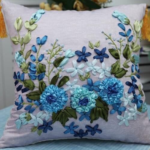 DIY flower ribbon Embroidery cushion cover material countryside style pillow throw 45X45cm send vedio dropship