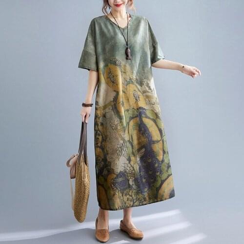 2021 New Arrival Thin Soft Loose Summer Dress Print Floral Vintage Sundress Plus Size Women Holiday Travel Casual Beach Dress