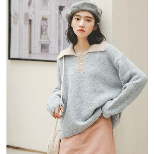 Fall Winter Womens Pullover Wear Korean Student Sweet Loose Lapel Knitted Sweater Girl Female Fashion Long Sleeve Tops H9384