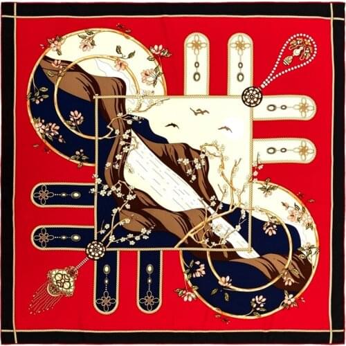 POBING Manual Hand Rolled Twill Silk Scarf Women Landscape Square Scarves Echarpes Foulards Femme Wrap Bandana Lady Hijab 90CM