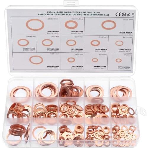 280pcs M5-M20 Copper Washers 12 Sizes O Ring Copper Gaskets Set Sealing Washer Flat Ring Seal Kit Hardware Tools for Crush