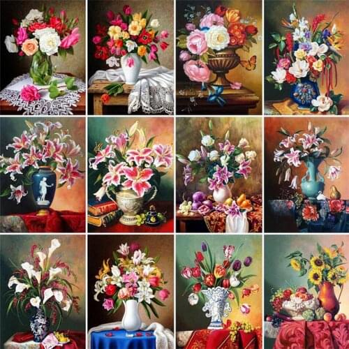 Yujohom Paint With Diamond Painting Cross Stitch Lily 5D DIY Square Diamond Embroidery Sale Flower Kit Mosaic Vase Home Decor