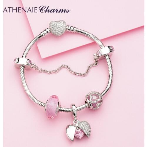 ATHENAIE 925 Silver Heart Charms Bracelet with You and Me Dangle Pendant Pink Beads For Women Wedding Jewerly Valentine Day