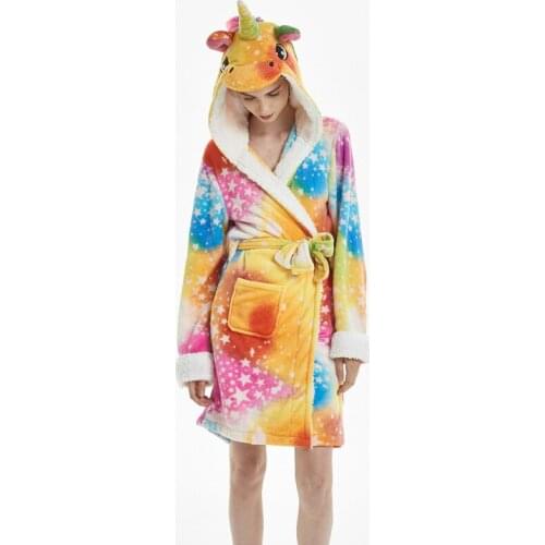 Cute Winter Women Hooded Bath Robe Cartoon Animal Unicorn Flannel Bathrobe Sleepwear Female Thick Warm Fleece Pajama Robe