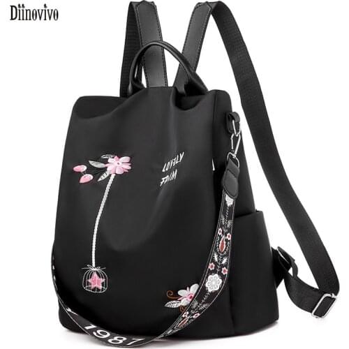 Diinovivo National Embroidery Floral Women Backpack Anti-theft Female Backpack Oxford Backpack Lady Shoulder Bag Travel WHDV1885