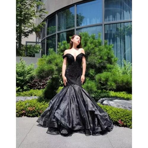 Black Gowns Mermaid Fashion Ladies Bling Bling Eveningdress Luxury Host Dress V-Neck For Women Wedding Party Graduation Formal
