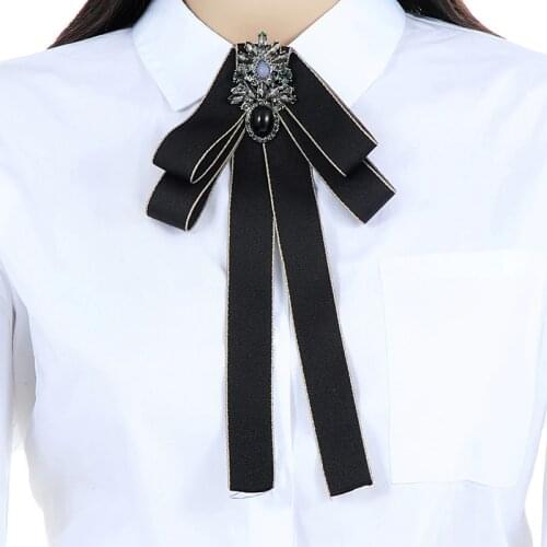 ZHINI New Fashion Vintage Elegant Navy Oval Zircon Badge Dress Shirt Brooches Pin Bow Tie Dress Collar Women Jewelry Accessories